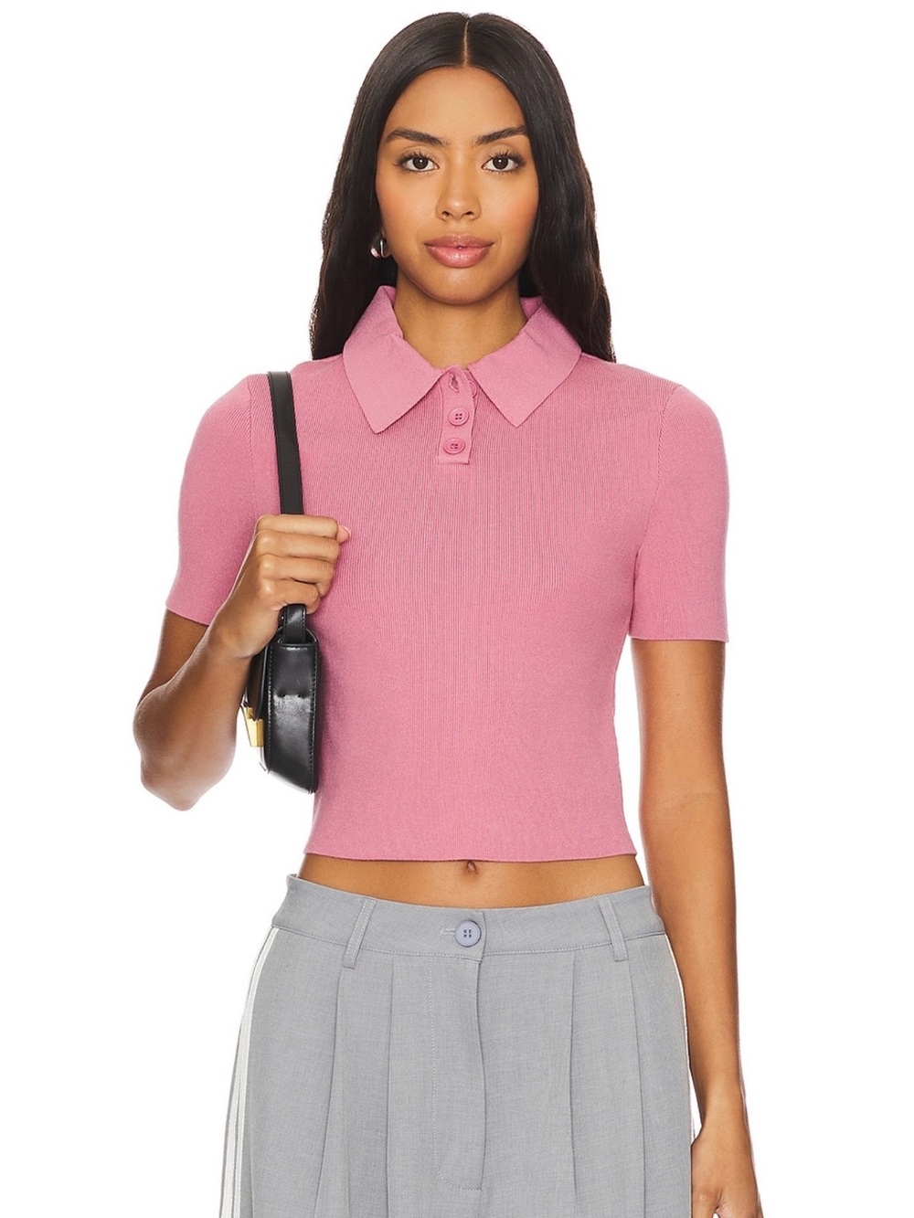 Lovers + Friends Pink Short-Sleeve Collared Knit Crop Top